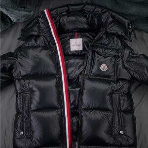 Moncler Montbeliard Shiny Black Puffer Jacket with Red and White Accents